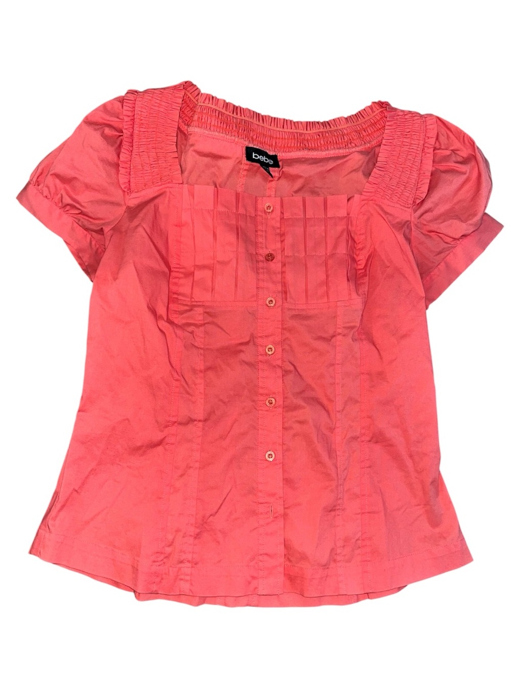BEBE Vintage y2k early 2000s Coral Pink Button-Front Smocked Sleeve Blouse